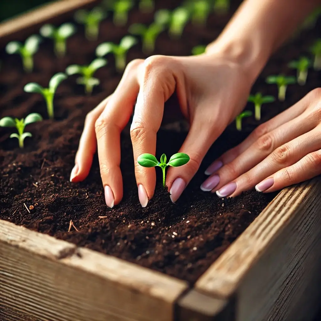 RegeniThrive Garden planting vegetable sprouts. woman's hands